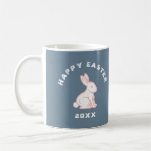 White Pink Happy Easter Bunny Rabbit Slate Blue Coffee Mug