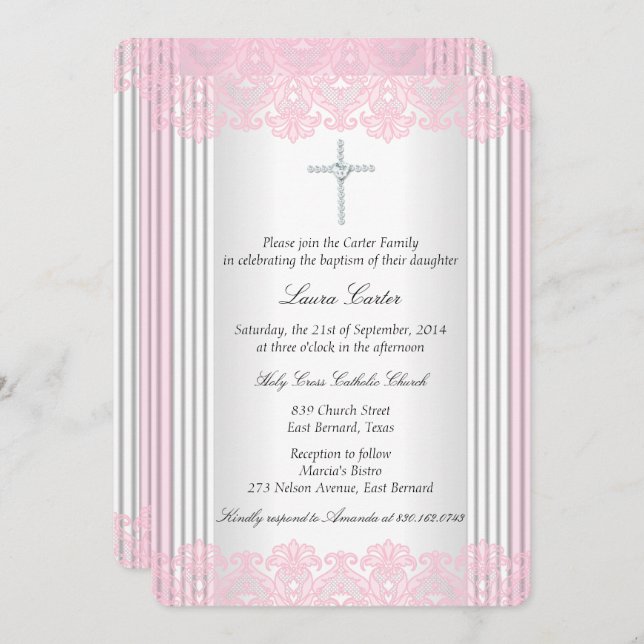 White Pink Lace Cross Baptism Christening Invitation (Front/Back)