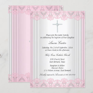 White Pink Lace Cross Baptism Christening Invitation