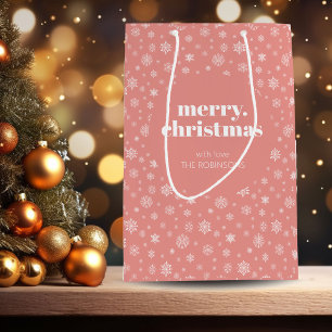 White Pink Merry Christmas Snowflake Pattern Medium Gift Bag