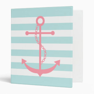 White Pink Mint Anchor and Stripes Binder