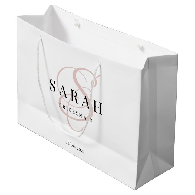 White Pink Monogram Personalized Bridesmaid Large Gift Bag (Front Angled)