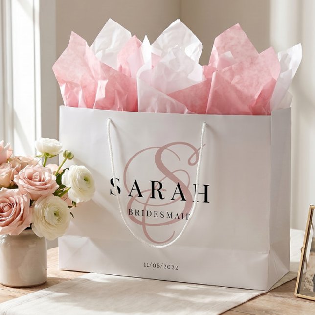 White Pink Monogram Personalized Bridesmaid Large Gift Bag (Creator Uploaded)