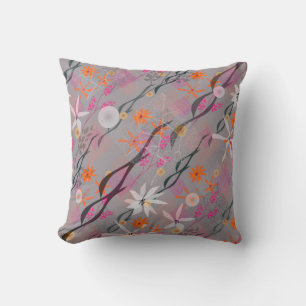 White, pink, orange flowers on grey throw pillow