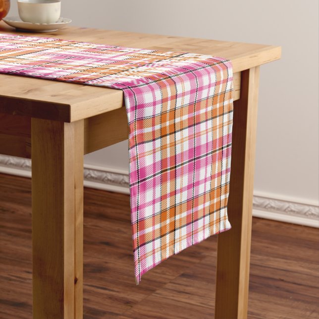White Pink Orange Plaid Tartan Design  Short Table Runner (In Situ)