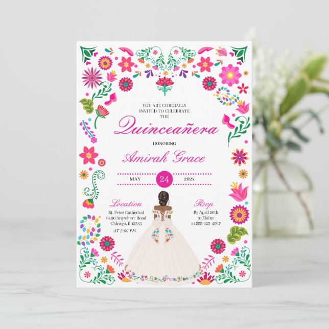 White Pink Otomi Embroidery Quinceañera Invitation (Standing Front)