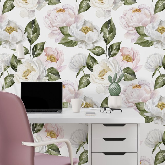 White & Pink Peonies Floral Watercolor Botanical Wallpaper (White & Pink Peonies Floral Watercolor Botanical Wallpaper (Office))
