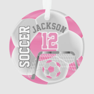 White & Pink Personalize Soccer  ⚽ Ornament