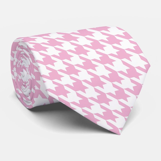 White Pink Pied de Poule Houndstooth Tie (Rolled)