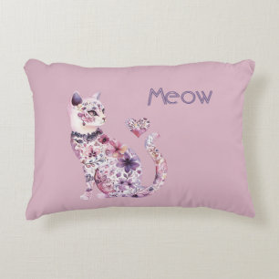 White Pink Purple Hearts Floral Cat Birthday Accent Pillow