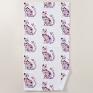 White Pink Purple Hearts Floral Cat Birthday Beach Towel