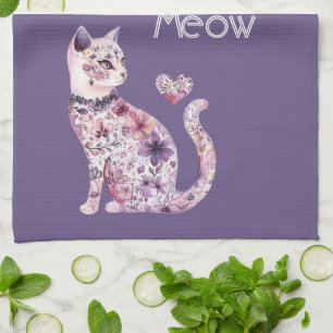 White Pink Purple Hearts Floral Cat Birthday Kitchen Towel