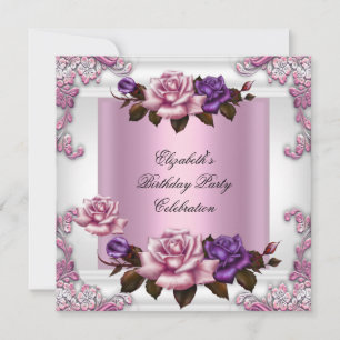 White Pink Purple Roses Elegant Birthday Party Invitation