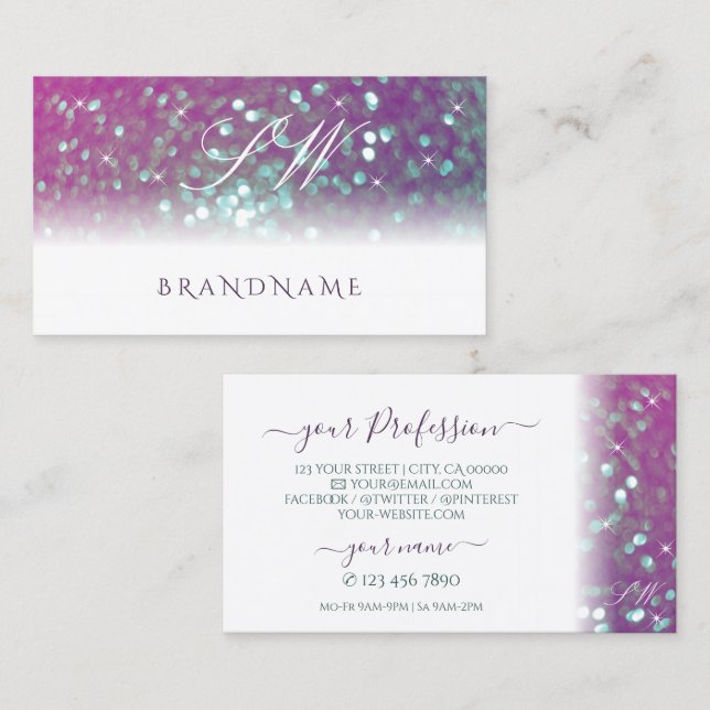 White Pink Purple Teal Sparkling Glitter Initials Business Card (Front/Back)