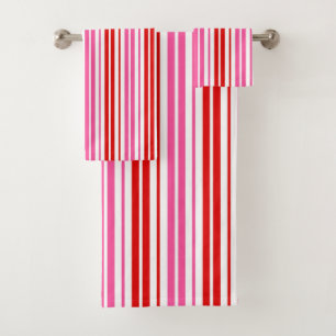 White Pink Red Vertical Stripes Design Bath Towel Set