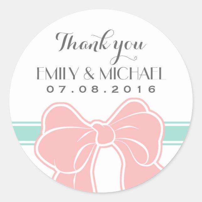 White Pink Ribbon Bow Wedding Thank You Sticker (Front)