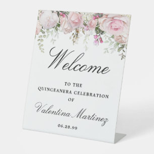 White Pink Rose Floral Quinceanera Welcome Pedestal Sign