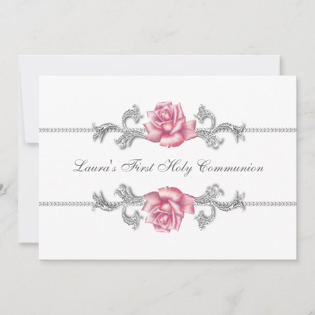 White Pink Rose Girls First Communion Invitation (Front)