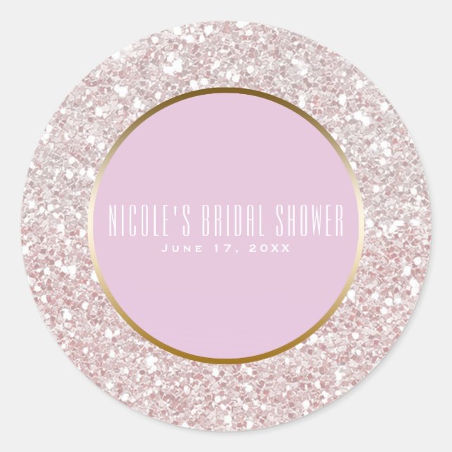 White Pink Rose Gold Glitter Glam Wedding Favour Classic Round Sticker (Front)