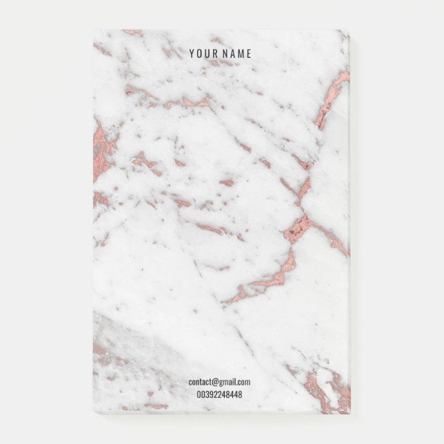 White Pink Rose Gold Marble Stone Lux Name Adress Post-it Notes (Front)