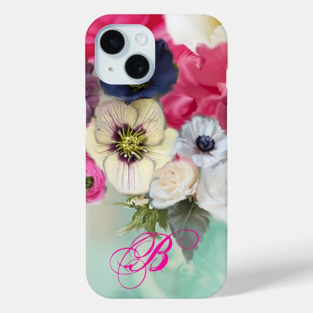 WHITE PINK ROSES AND ANEMONE FLOWERS MONOGRAM Case-Mate iPhone CASE (Back)