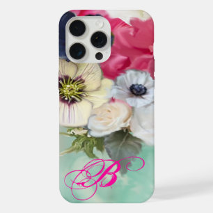 WHITE PINK ROSES AND ANEMONE FLOWERS MONOGRAM iPhone 15 PRO MAX CASE