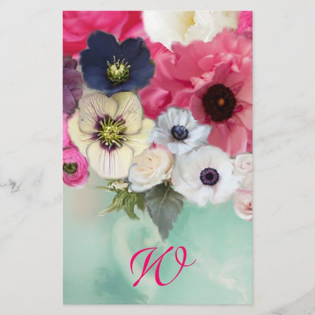 WHITE PINK ROSES AND ANEMONE FLOWERS MONOGRAM STATIONERY (Front)