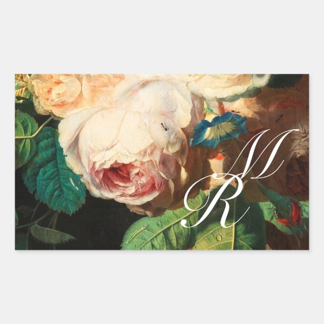 WHITE PINK ROSES AND MORNING GLORY MONOGRAM STICKER (Front)