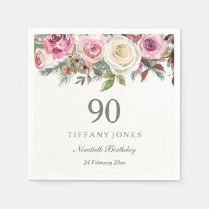 White & Pink Roses Elegant Custom 90th Birthday Napkin