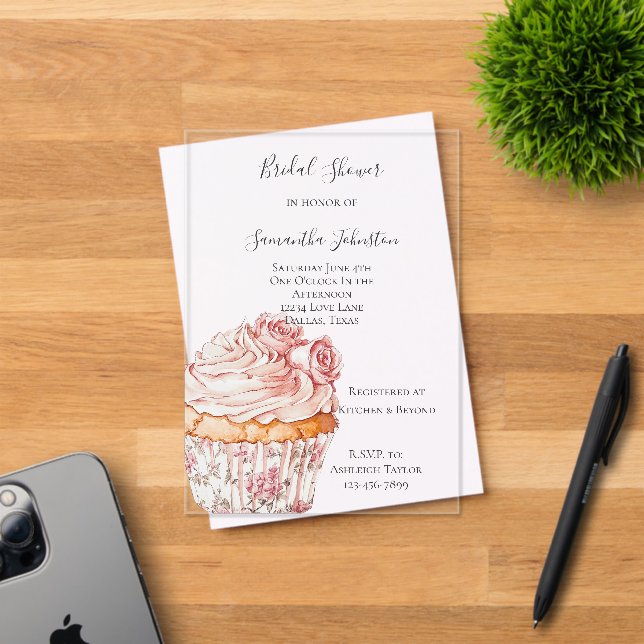 White Pink Roses Floral Cupcake Bridal Shower Acrylic Invitations (Insitu (Invitation Card))