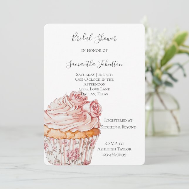 White Pink Roses Floral Cupcake Bridal Shower Invitation (Standing Front)