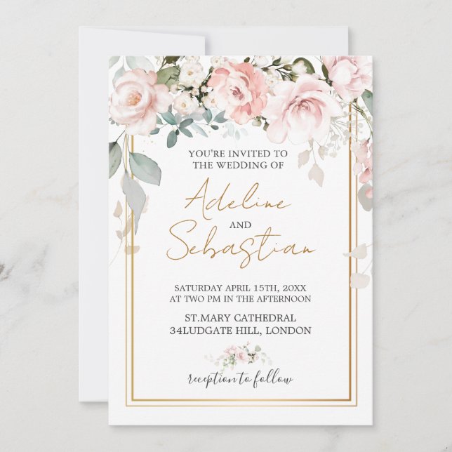 White Pink Roses Wedding  Invitation (Front)