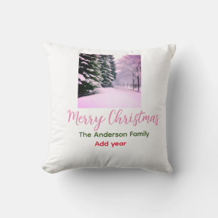 White pink snow merry Christmas add family name da Throw Pillow