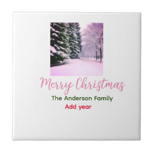 White pink snow merry Christmas add family name da Tile
