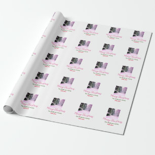 White pink snow merry Christmas add family name da Wrapping Paper