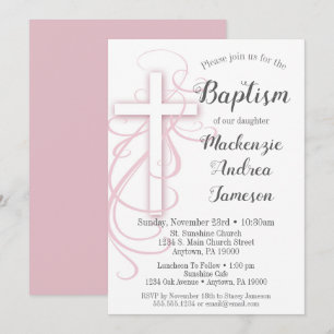 White Pink Swirl Cross Baptism Invitation Girl's
