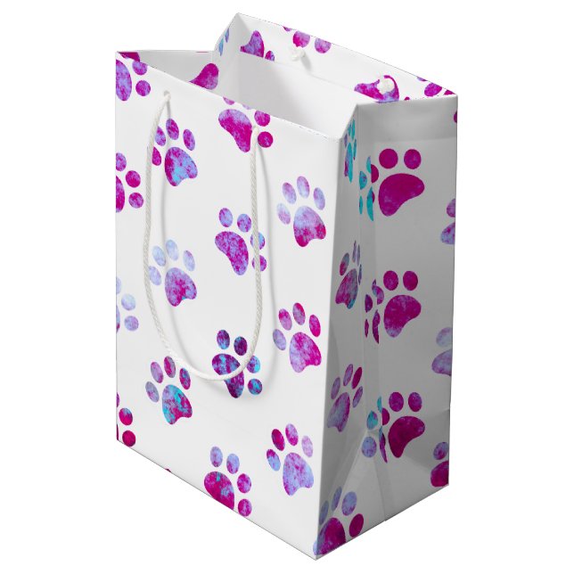 White Pink Textured Paw Print Pattern Medium Gift Bag (Back Angled)