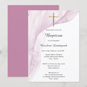 White, Pink Voile & Gold Cross Baptism Invitation