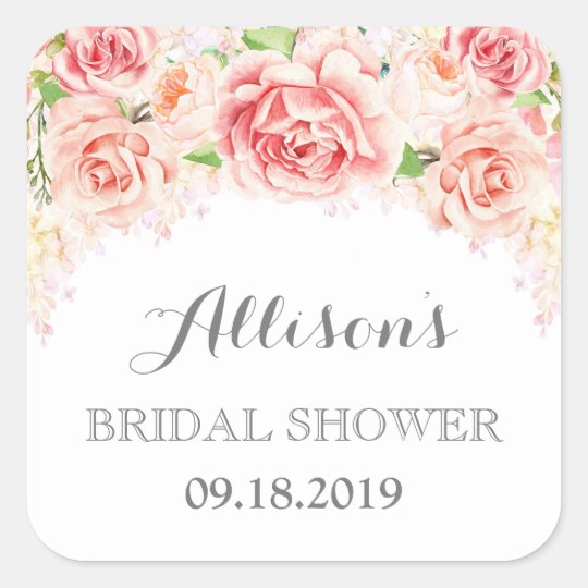 White Pink Watercolor Flowers Bridal Shower Square Sticker