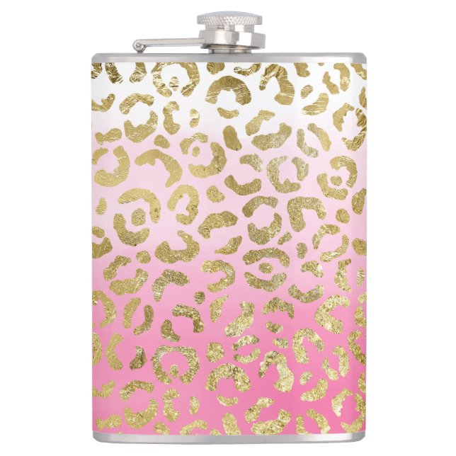 White Pink Watercolor Gold Glam Leopard Print  Hip Flask (Front)