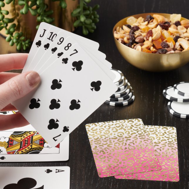White Pink Watercolor Gold Glam Leopard Print  Playing Cards (In Situ)