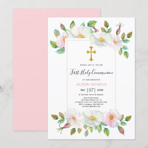White, pink wild dog rose floral First Communion Invitation