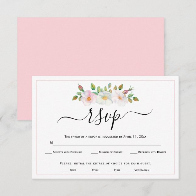White, pink wild dog rose floral wedding RSVP Card (Front/Back)