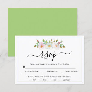 White pink wild dog rose green floral wedding RSVP