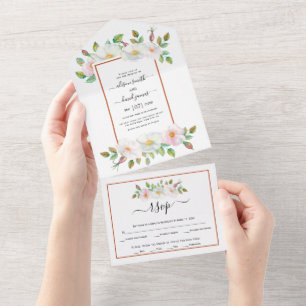 White, pink wild rose floral rust frame wedding all in one invitation