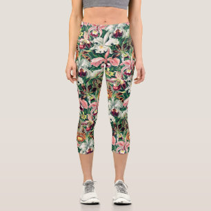 White Pink Yellow Green Orchid Pattern Capri Leggings