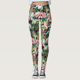 White Pink Yellow Green Orchid Pattern Leggings