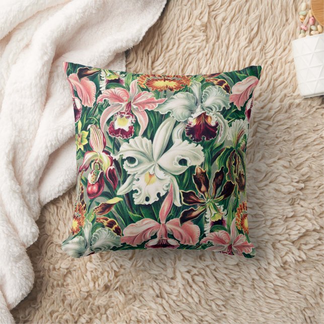 White Pink Yellow Green Orchid Pattern Throw Pillow (Blanket)
