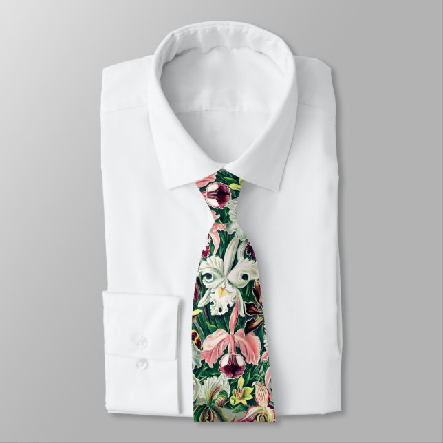 White Pink Yellow Green Orchid Pattern Tie (Tied)