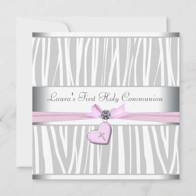 White Pink Zebra Heart Pink Cross First Communion Invitation (Front)